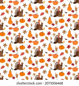 Happy Thanksgiving Day. Funny Thanksgiving Turkey bird cartoon character seamless pattern