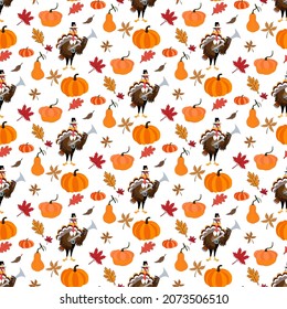 Happy Thanksgiving Day. Funny Thanksgiving Turkey bird cartoon character seamless pattern