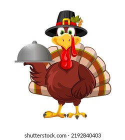 Happy Thanksgiving Day. Funny Thanksgiving Turkey bird in pilgrim hat holding domed tray