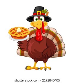 Happy Thanksgiving Day. Funny Thanksgiving Turkey bird in pilgrim hat holding pumpkin pie