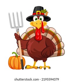 Happy Thanksgiving Day. Funny Thanksgiving Turkey bird in pilgrim hat holding pitchfork