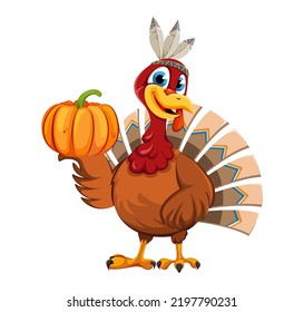 Happy Thanksgiving Day. Funny Thanksgiving Turkey bird holding pumpkin