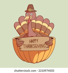 Happy Thanksgiving Day. Funny Thanksgiving Turkey bird cartoon character holding a board in the pumpkin