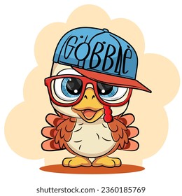 Feliz Día de Acción de Gracias. Funny personaje de caricatura de aves turcas en gorra y gafas. Ilustración vectorial.