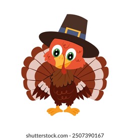 Alles Gute zum Thanksgiving-Tag. Lustige Thanksgiving Türkei Vogel Cartoon Charakter. Thanksgiving-Symbol. Vektorgrafik auf weißem Hintergrund.