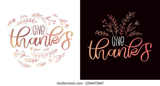 Happy thanksgiving day - Give thanks - cute hand drawn doodle lettering postcard. T-shirt design template with leaf.