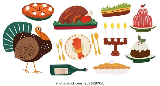 Happy Thanksgiving day. Give thanks. Vector cartoon flat girl character in a kitchen apron holding roast turkey. Vector illustration of cartoon turkey, wine, pumpkin pie. Icon set for greeting card