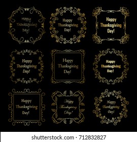 happy thanksgiving day - golden decorative vector frames on black background