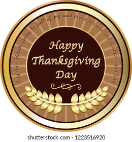 Happy Thanksgiving Day golden emblem with a handwritten wish message. 