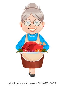 Happy Thanksgiving day. Grandma cartoon character holding roast turkey. 8 March, Happy Grandparents Day. Old cute woman. Vector illustration.