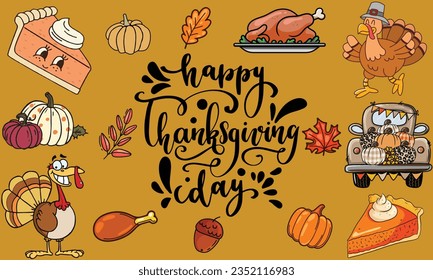 Happy Thanksgiving Day with Graphics and Retro Pumpkin Pies and Cute Turkey Mega Bundle for Designers