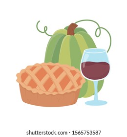 happy thanksgiving day green pumpkin cake and wine cup vector illustration