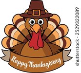 Happy thanksgiving day greeting card. a turkey with a turkey on the front. 
