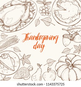 Happy thanksgiving day greeting card template. Thanksgiving poster with roasted turkey, pumpkin pie and aconrs sketches. Horizontal composition with text.