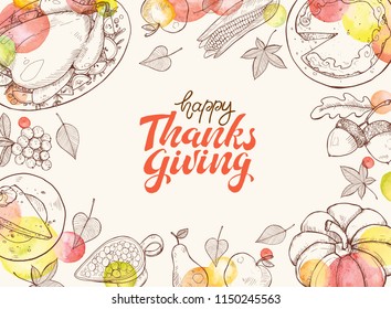 Happy thanksgiving day greeting card template. Thanksgiving poster with roasted turkey, pumpkin pie and aconrs sketches. Horizontal composition with text.