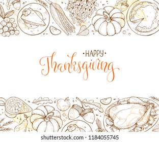 Happy thanksgiving day greeting card template. Thanksgiving poster with roasted turkey, pumpkin pie and aconrs sketches. Horizontal composition with text.