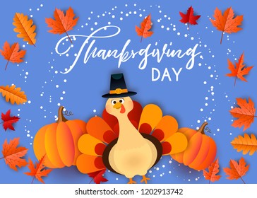 Happy Thanksgiving day greeting card, poster, banner, flyer, autumn background with leaves, pumpkin and cute cartoon turkey. Vector illustration. Give thanks.