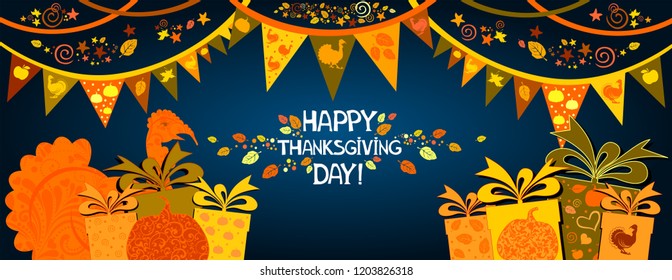  Happy thanksgiving day. Greeting card.  Celebration dark background with garland, turkey, pumpkin, leaves, gift box and place for your text. Sale. Horizontal banner. Vector illustration