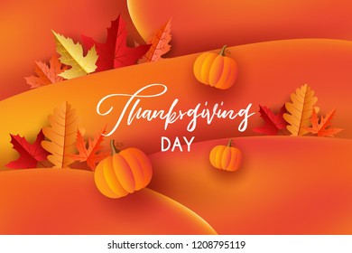 Happy Thanksgiving day greeting card, poster, banner, flyer, autumn background with leaves, pumpkin and cute cartoon turkey. Vector illustration. Give thanks.