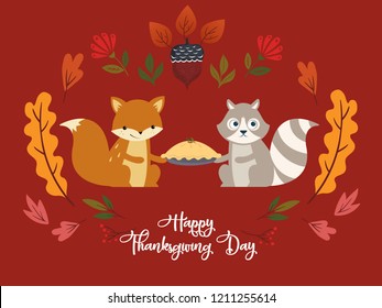 Happy Thanksgiving Day greeting card. Cute animals holding holiday pie. Vector illustration
