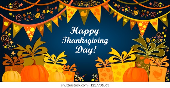 Happy thanksgiving day! Greeting card.  Celebration dark background with garland, turkey, orange pumpkin, leaves, gift box and place for your text. Sale. Horizontal banner.  Vector illustration