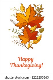 Happy Thanksgiving Day greeting card template. Colorful autumn leaves at white background