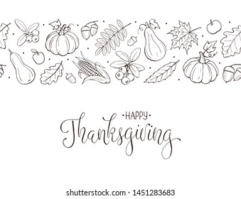 Happy thanksgiving day greeting card template. Thanksgiving poster with roasted turkey, pumpkin pie and aconrs sketches. Horizontal composition with text.