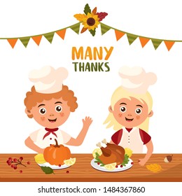 Happy Thanksgiving Day. Greeting card with feast table, people characters and holiday food. Great design for postcard and other print template.