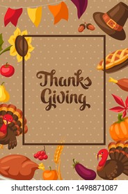 Happy Thanksgiving Day greeting card with holiday objects.