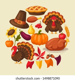 Happy Thanksgiving Day greeting card with holiday objects.