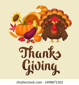 Happy Thanksgiving Day greeting card with holiday objects.