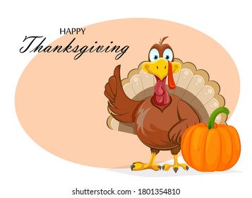 Happy Thanksgiving Day greeting card. Funny Thanksgiving Turkey bird standing near big pumpkin. Vector illustration