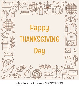 Happy Thanksgiving Day greeting card with frame of line icons. Vector illustration