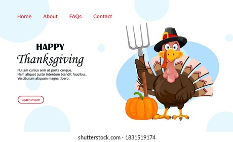 Happy Thanksgiving Day Greeting Card. Funny Cartoon Character Thanksgiving Turkey Bird. Vector Illustration, Usable For Website, Landing Page Etc.