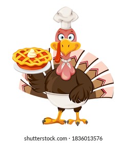 Happy Thanksgiving Day greeting card. Funny cartoon character Thanksgiving Turkey bird chef holding sweet pie. Vector illustration isolated on white background