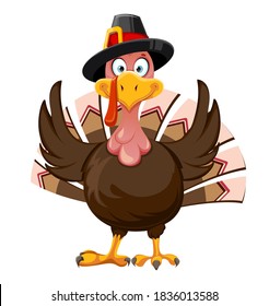 Happy Thanksgiving Day greeting card. Funny cartoon character Thanksgiving Turkey bird chef. Vector illustration isolated on white background