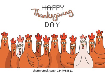 Happy thanksgiving day greeting card. A crowd of hens, turkeys' and roosters front view. Cartoon Symbol of poultry and thanks giving day.  Cute vector flat design illustration