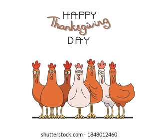 Happy thanksgiving day greeting card. A crowd of hens, turkeys' and roosters front view. Cartoon Symbol of poultry and thanks giving day.  Cute vector flat design illustration