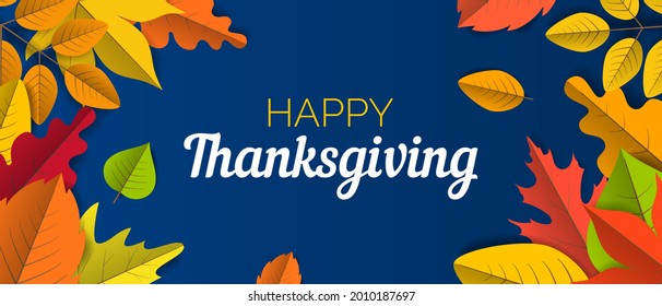 Happy Thanksgiving Day Greeting Card  With Autumn Leaves On Blue Background Vector Illustration