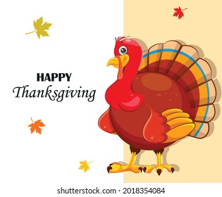 Happy Thanksgiving day greeting card. Cartoon turkey bird