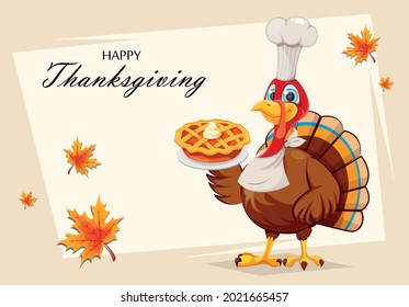 Happy Thanksgiving day greeting card. Funny cartoon character turkey bird