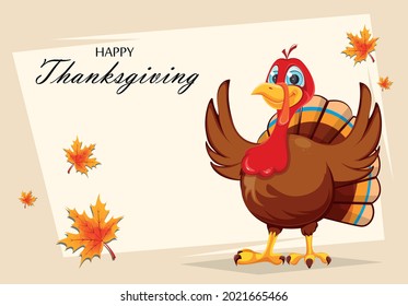 Happy Thanksgiving day greeting card. Funny cartoon character turkey bird