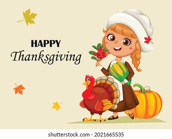 Happy Thanksgiving Day greeting card. Cute little pilgrim girl and turkey bird cartoon characters