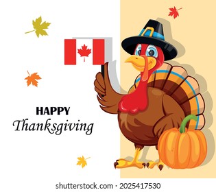 Happy Thanksgiving day greeting card. Funny cartoon character turkey bird