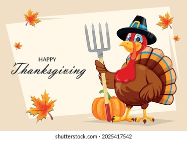 Happy Thanksgiving day greeting card. Funny cartoon character turkey bird