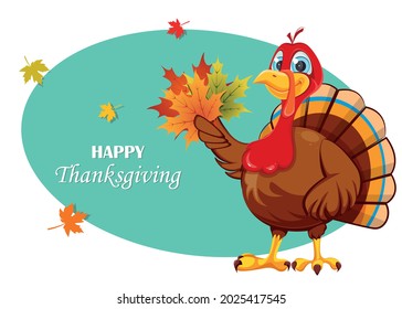 Happy Thanksgiving day greeting card. Funny cartoon character turkey bird