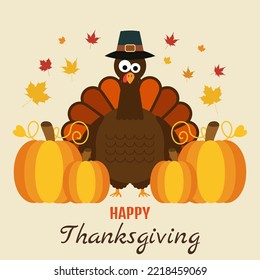 Happy Thanksgiving Day greeting card design with turkey.Happy Thanksgiving Day illustration in flat style