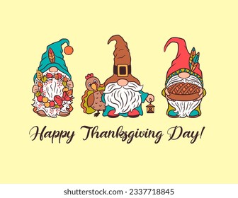 Happy Thanksgiving day greeting card. Cute fall design with gnome pilgrim, turkey bird, pumpkin spice pie and autumn wreath. Sweet characters swedish gnomes whimsical cottagecore theme vector image.