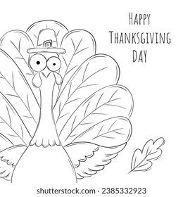 Happy Thanksgiving Day greeting card. Cute funny turkey in pilgrim hat decorated with autumn leaves with beautiful tail. Simple vector illustration in doodle style.