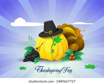 Happy Thanksgiving Day Grußkarte Design mit Obst, Gemüse, Pilgerhut und Truthahnvogel auf abstrakten violetten Strahlen Hintergrund.